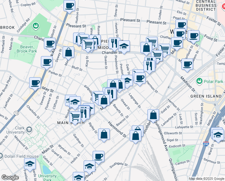 map of restaurants, bars, coffee shops, grocery stores, and more near 2 Alden Street in Worcester