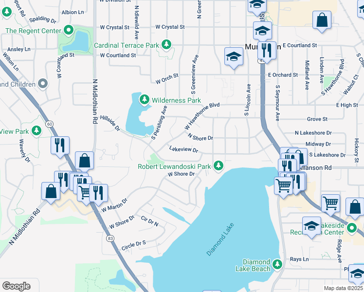 map of restaurants, bars, coffee shops, grocery stores, and more near 434 Lakeview Drive in Mundelein