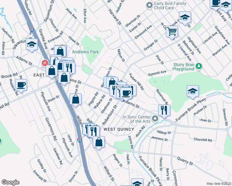 map of restaurants, bars, coffee shops, grocery stores, and more near 52-56 Hilda Street in Quincy