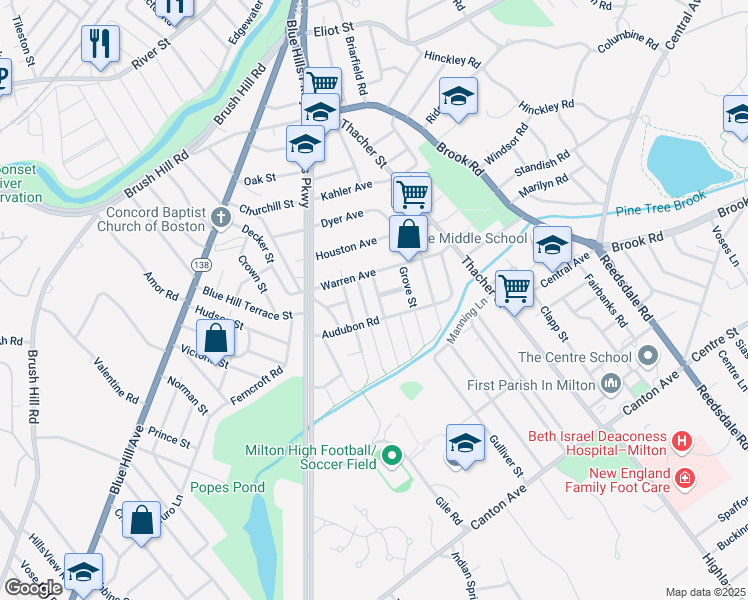 map of restaurants, bars, coffee shops, grocery stores, and more near 26 Harold Street in Milton