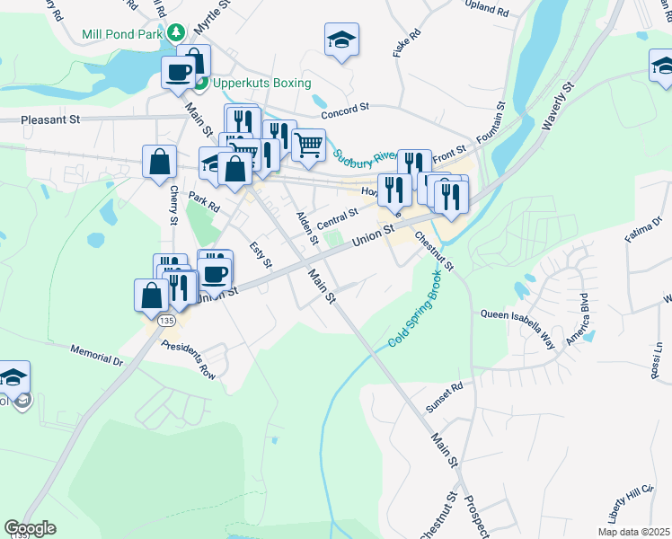 map of restaurants, bars, coffee shops, grocery stores, and more near 164 Alden Street in Ashland