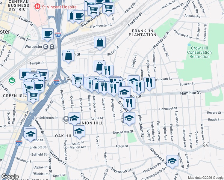 map of restaurants, bars, coffee shops, grocery stores, and more near 353 Grafton Street in Worcester