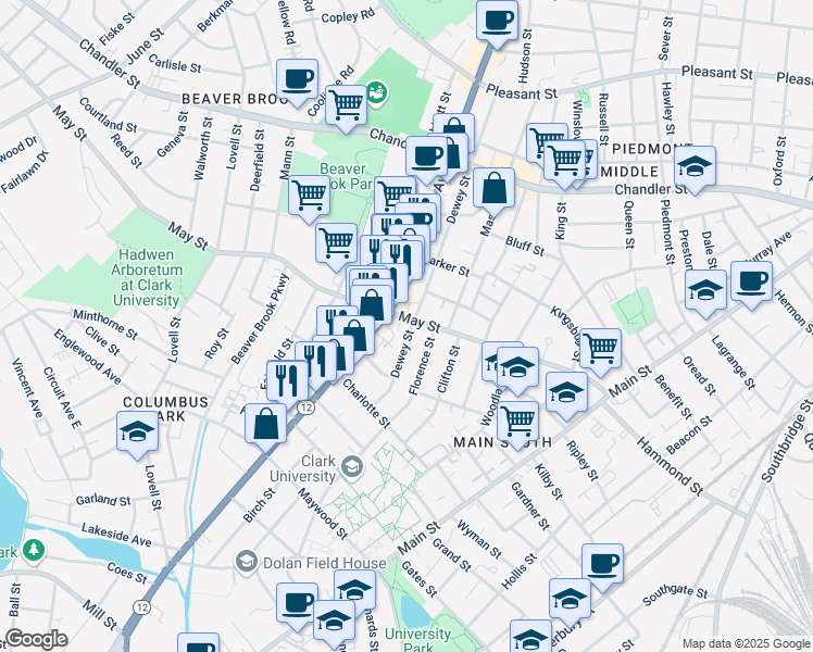 map of restaurants, bars, coffee shops, grocery stores, and more near 417 Park Avenue in Worcester