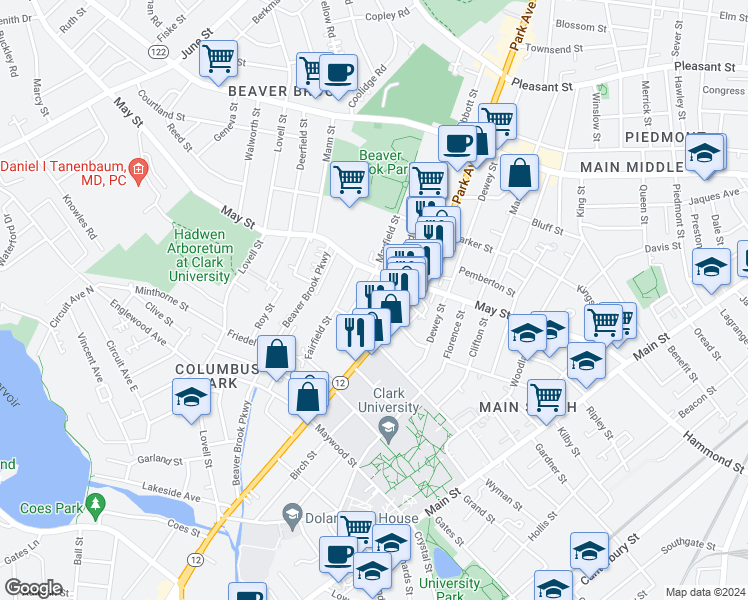 map of restaurants, bars, coffee shops, grocery stores, and more near 424 Massachusetts 9 in Worcester