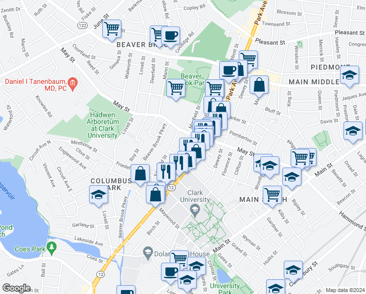map of restaurants, bars, coffee shops, grocery stores, and more near 26 Maple Tree Lane in Worcester