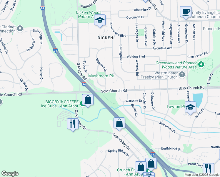 map of restaurants, bars, coffee shops, grocery stores, and more near 2212 Scio Church Road in Ann Arbor