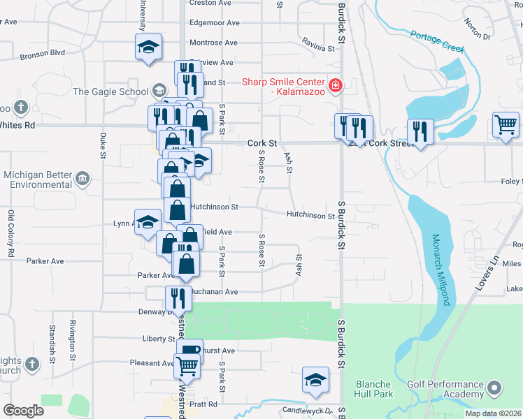 map of restaurants, bars, coffee shops, grocery stores, and more near 203 Hutchinson Street in Kalamazoo