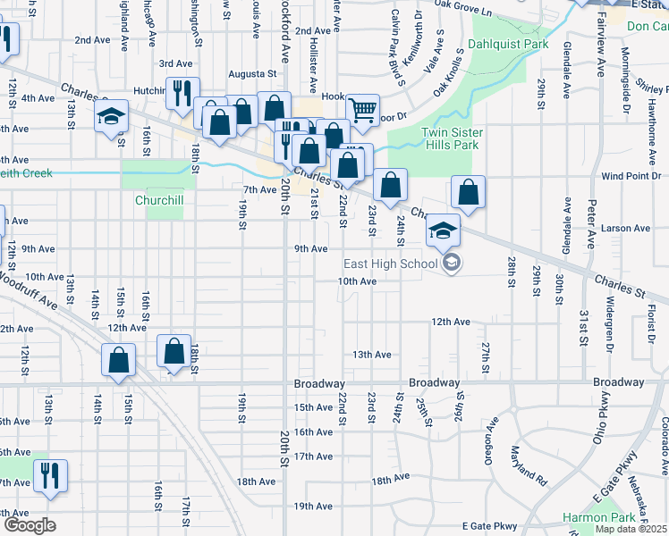 map of restaurants, bars, coffee shops, grocery stores, and more near 1023 22nd Street in Rockford