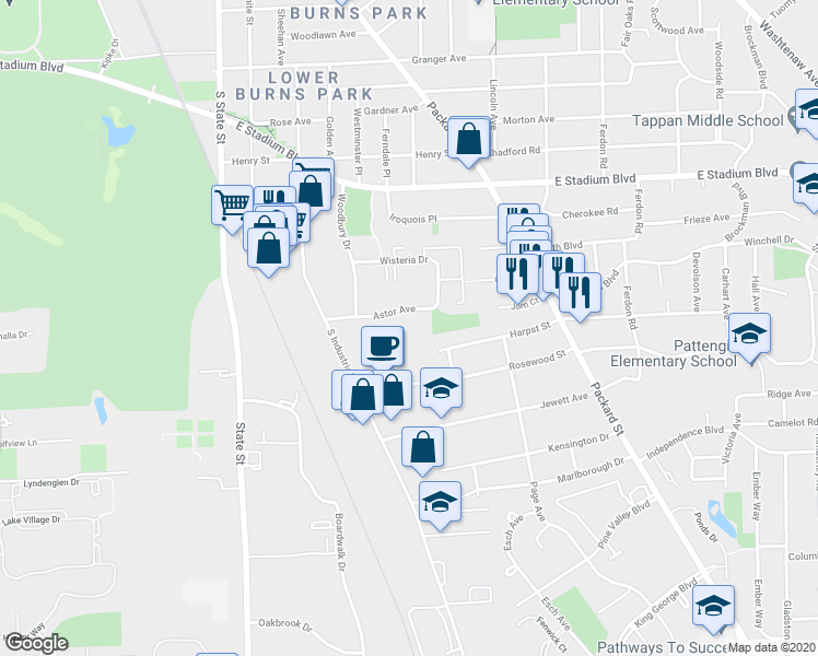 map of restaurants, bars, coffee shops, grocery stores, and more near 1310 Astor Avenue in Ann Arbor