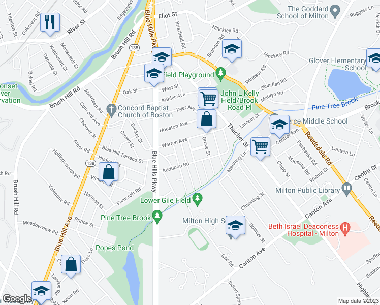 map of restaurants, bars, coffee shops, grocery stores, and more near 17 Revere Street in Milton