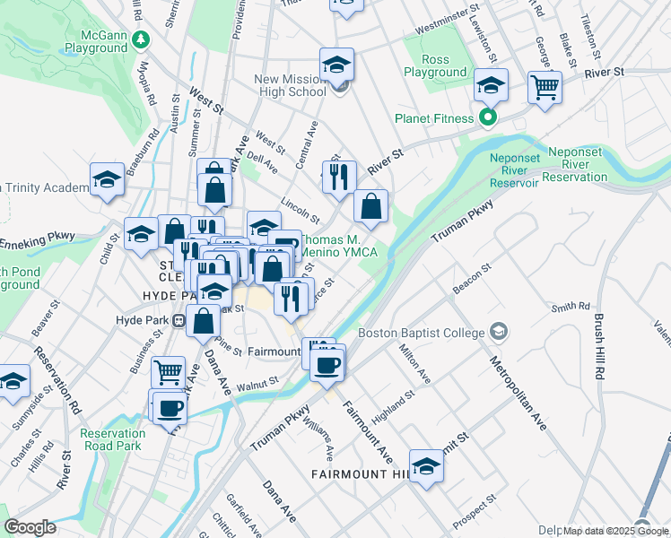 map of restaurants, bars, coffee shops, grocery stores, and more near 32 Walter Street in Boston