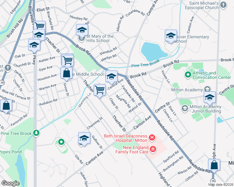map of restaurants, bars, coffee shops, grocery stores, and more near 8 Stanton Road in Milton