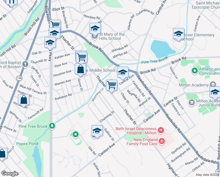 map of restaurants, bars, coffee shops, grocery stores, and more near 252 Thacher Street in Milton