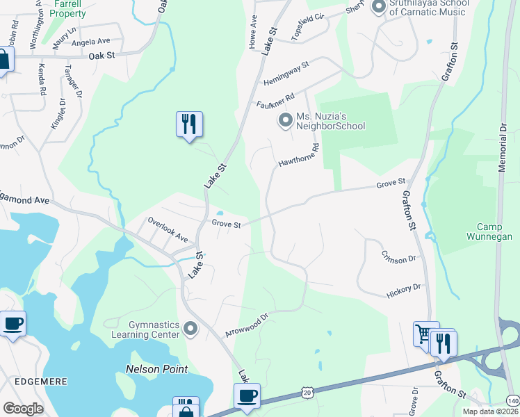 map of restaurants, bars, coffee shops, grocery stores, and more near 1 Hawthorne Road in Shrewsbury
