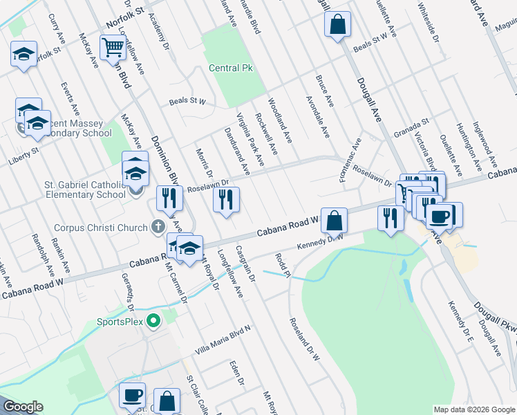 map of restaurants, bars, coffee shops, grocery stores, and more near in Windsor