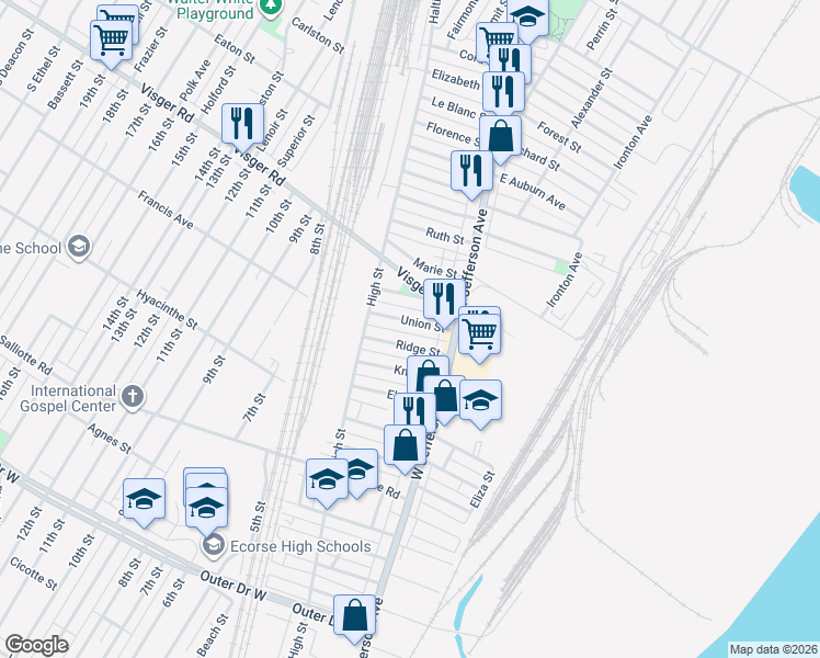 map of restaurants, bars, coffee shops, grocery stores, and more near 23 Union Street in Ecorse