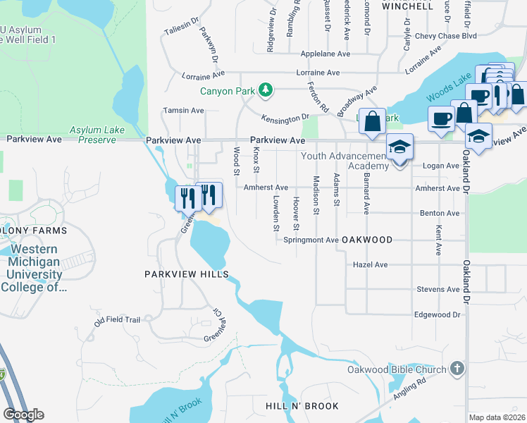 map of restaurants, bars, coffee shops, grocery stores, and more near 3604 Lowden Street in Kalamazoo