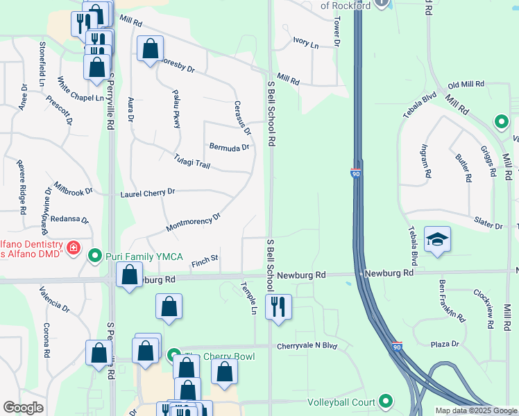 map of restaurants, bars, coffee shops, grocery stores, and more near 1312 Temple Circle in Rockford