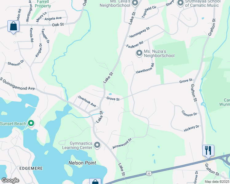 map of restaurants, bars, coffee shops, grocery stores, and more near 100 Grove Street in Shrewsbury