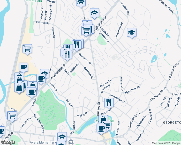 map of restaurants, bars, coffee shops, grocery stores, and more near 92 Rockland Street in Boston