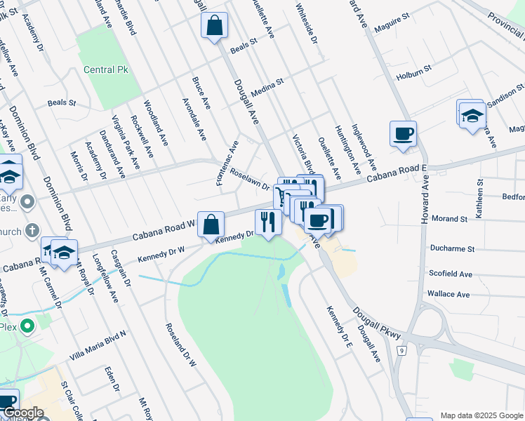 map of restaurants, bars, coffee shops, grocery stores, and more near 475 Cabana Road West in Windsor