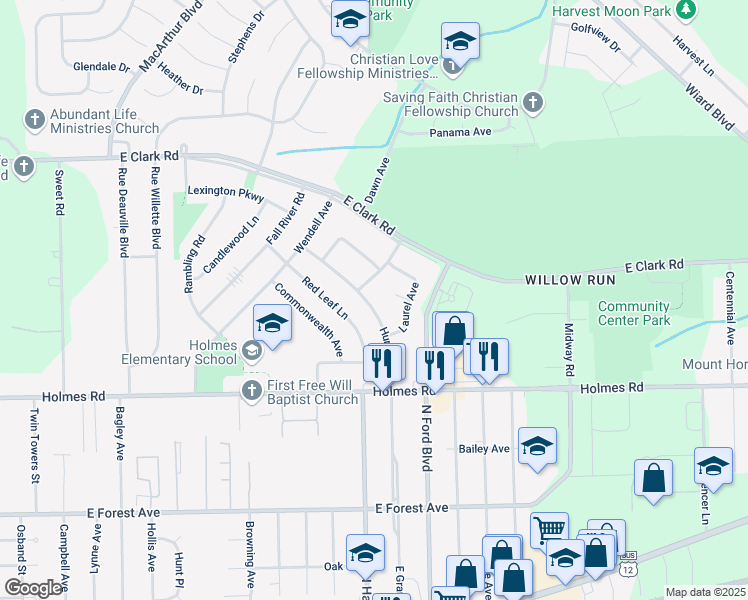 map of restaurants, bars, coffee shops, grocery stores, and more near 1188 Hunter Avenue in Ypsilanti