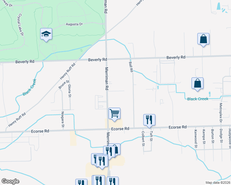 map of restaurants, bars, coffee shops, grocery stores, and more near 31195 Merriman Place in Romulus