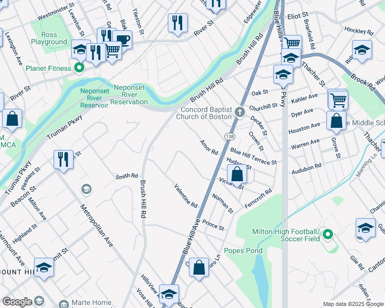map of restaurants, bars, coffee shops, grocery stores, and more near 76 Hollingsworth Rd in Milton