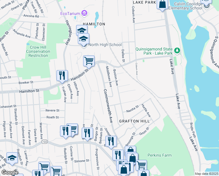 map of restaurants, bars, coffee shops, grocery stores, and more near 38 Middlesex Avenue in Worcester
