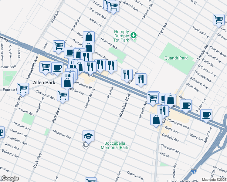 map of restaurants, bars, coffee shops, grocery stores, and more near 14883 Cleophus Avenue in Allen Park
