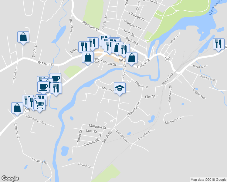 map of restaurants, bars, coffee shops, grocery stores, and more near 16 Monroe Street in Ware