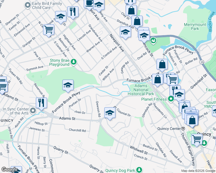 map of restaurants, bars, coffee shops, grocery stores, and more near Furnace Brook Parkway in Quincy