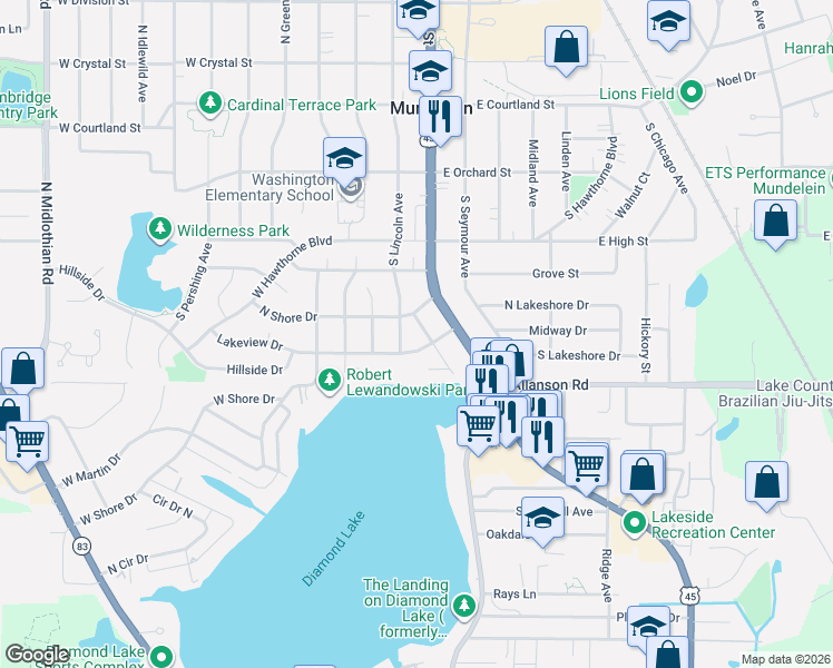 map of restaurants, bars, coffee shops, grocery stores, and more near 26 Lakeview Drive in Mundelein