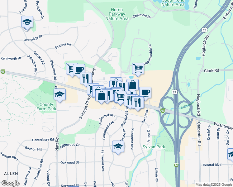 map of restaurants, bars, coffee shops, grocery stores, and more near 3365 Washtenaw Avenue in Ann Arbor