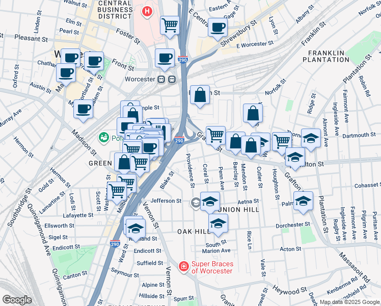 map of restaurants, bars, coffee shops, grocery stores, and more near 37 Providence Street in Worcester
