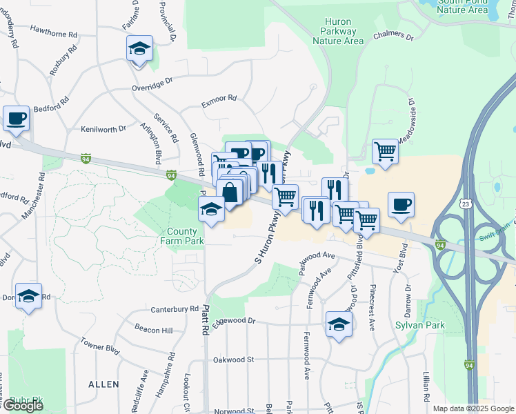 map of restaurants, bars, coffee shops, grocery stores, and more near 3170 Washtenaw Avenue in Ann Arbor