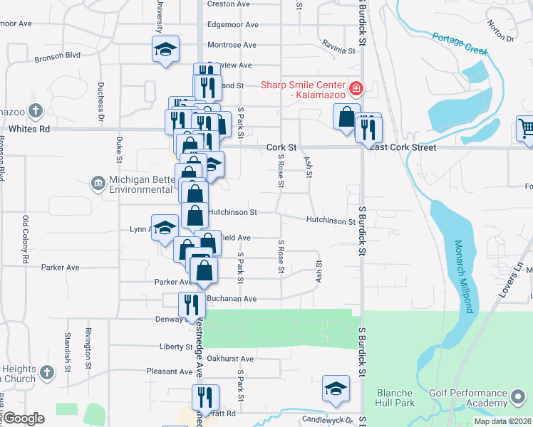 map of restaurants, bars, coffee shops, grocery stores, and more near 203 Hutchinson Street in Kalamazoo