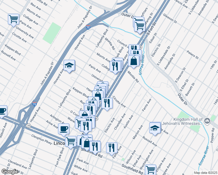 map of restaurants, bars, coffee shops, grocery stores, and more near 1312 Fort St in Lincoln Park