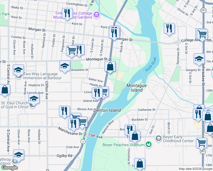 map of restaurants, bars, coffee shops, grocery stores, and more near 1520 South Main Street in Rockford