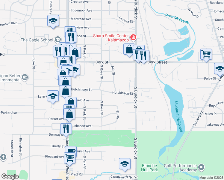 map of restaurants, bars, coffee shops, grocery stores, and more near 142 Hutchinson Street in Kalamazoo