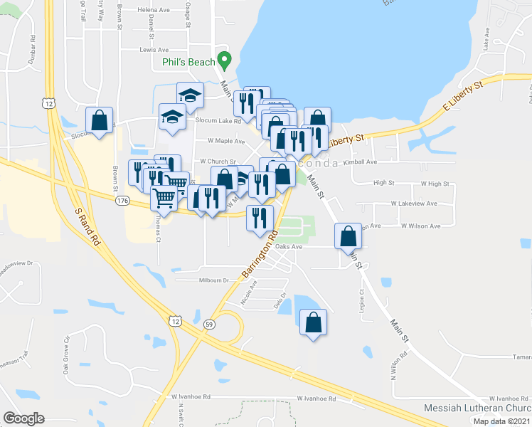 map of restaurants, bars, coffee shops, grocery stores, and more near 316 West Liberty Street in Wauconda
