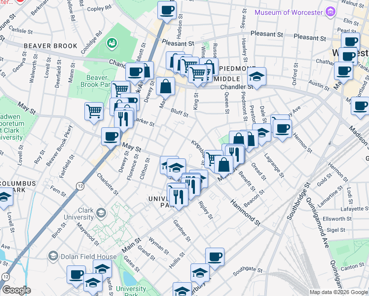 map of restaurants, bars, coffee shops, grocery stores, and more near 43 Woodland Street in Worcester