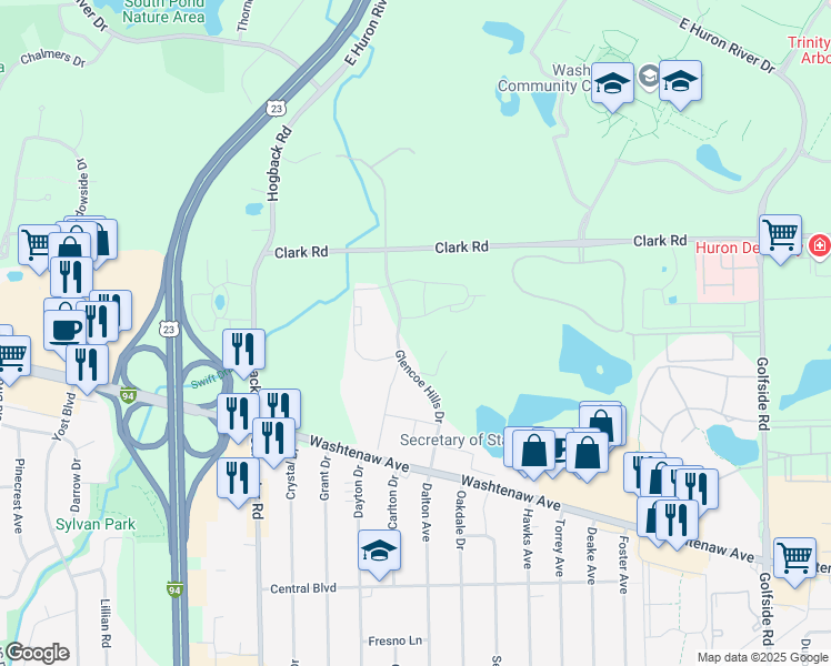 map of restaurants, bars, coffee shops, grocery stores, and more near 2167 Glencoe Hills Drive in Ann Arbor