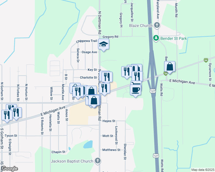 map of restaurants, bars, coffee shops, grocery stores, and more near 3140 East Michigan Avenue in Jackson