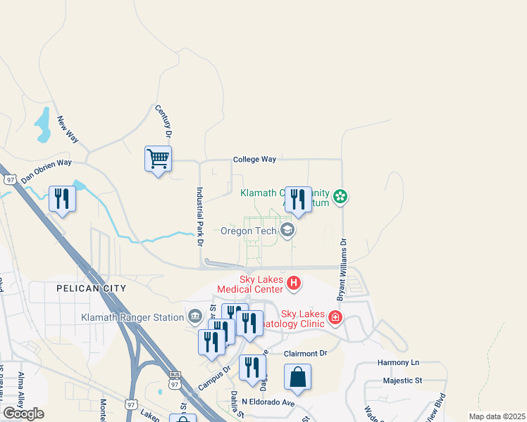 map of restaurants, bars, coffee shops, grocery stores, and more near 3201 Campus Drive in Klamath Falls