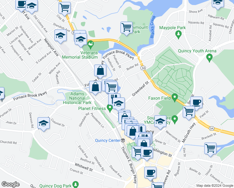 map of restaurants, bars, coffee shops, grocery stores, and more near 1054 Hancock Street in Quincy
