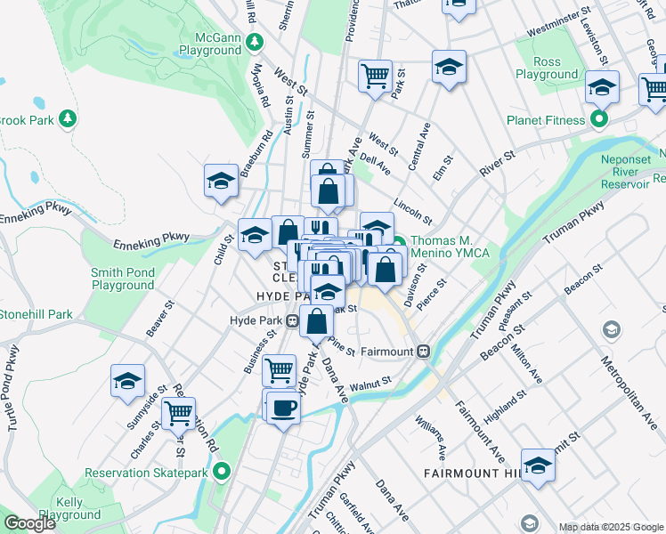 map of restaurants, bars, coffee shops, grocery stores, and more near 1279 River Street in Boston