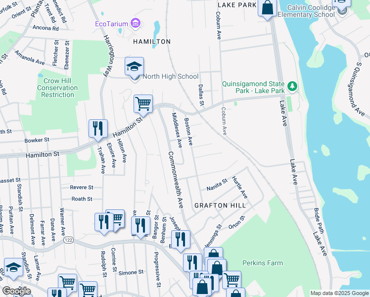 map of restaurants, bars, coffee shops, grocery stores, and more near 38 Middlesex Avenue in Worcester