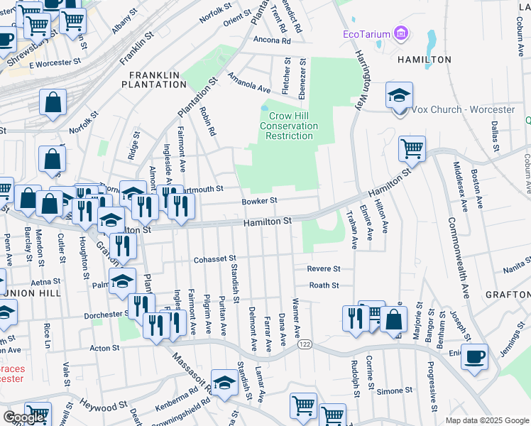 map of restaurants, bars, coffee shops, grocery stores, and more near 183 Hamilton Street in Worcester