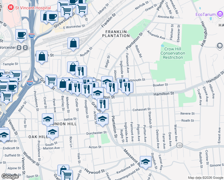 map of restaurants, bars, coffee shops, grocery stores, and more near 81 Plantation Street in Worcester